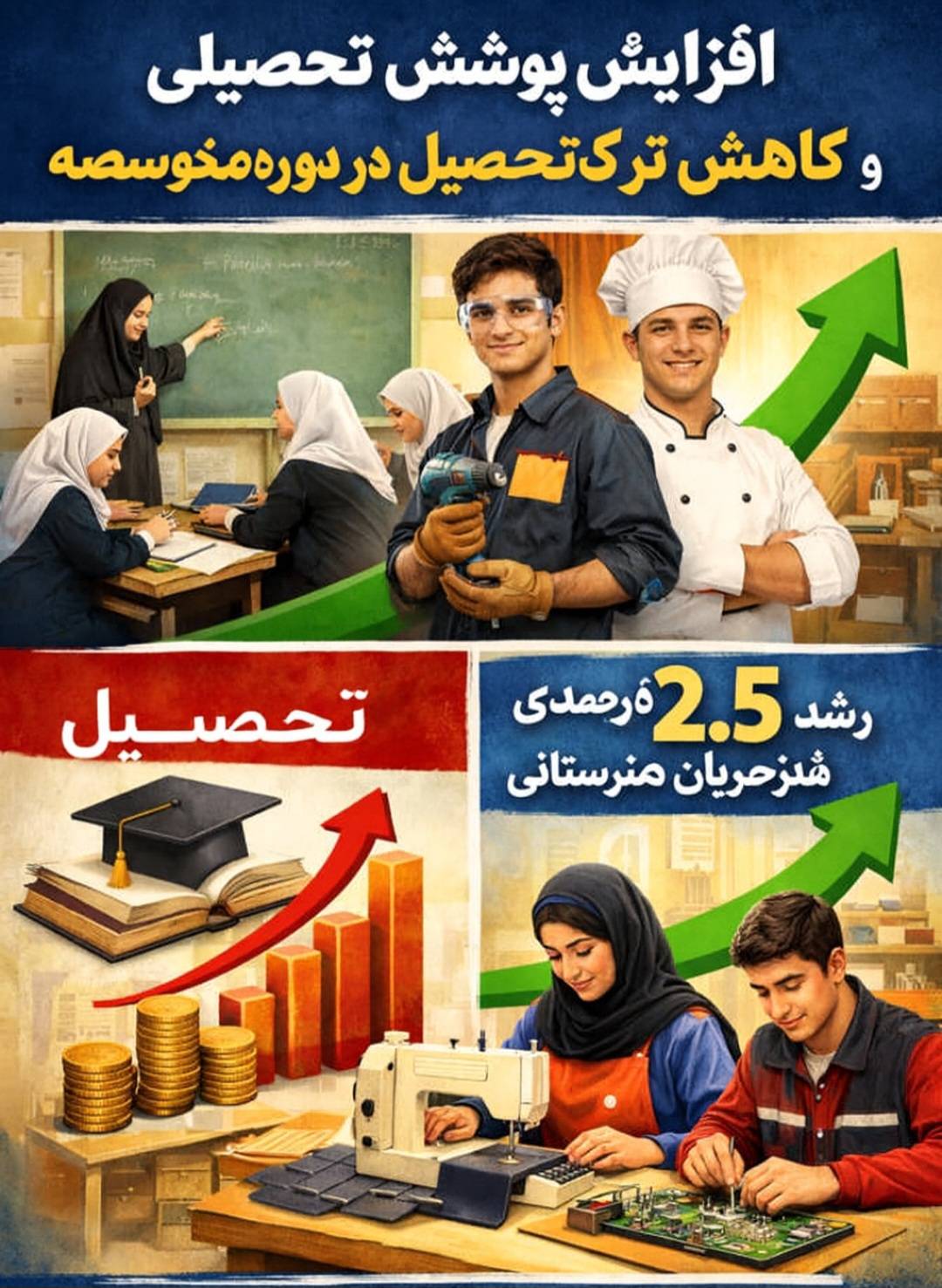 افزایش پوشش تحصیلی و کاهش ترک تحصیل در دوره متوسطه/ رشد ۲.۵ درصدی هنرجویان هنرستانی